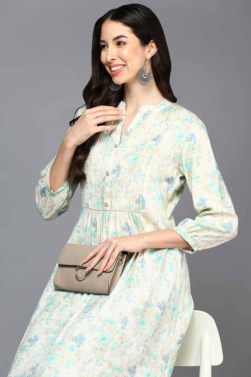 Off White Cotton Blend Ethnic Motifs A-Line Kurta  |SHOBITAM