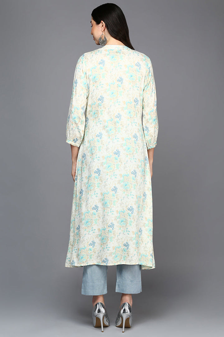 Off White Cotton Blend Ethnic Motifs A-Line Kurta  |SHOBITAM