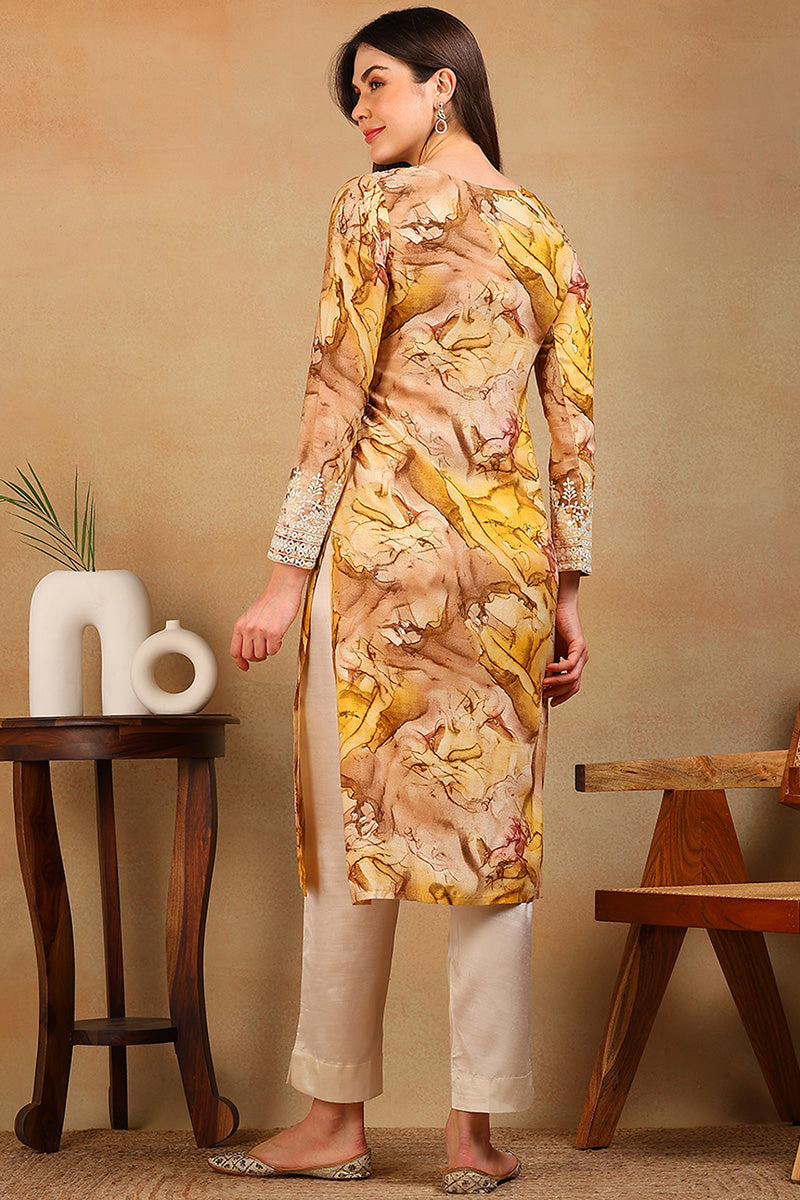 Mustard Yellow Viscose Rayon Tie and Dye Printed Straight Kurta | shobitam