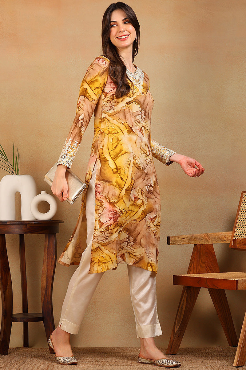 Mustard Yellow Viscose Rayon Tie and Dye Printed Straight Kurta | shobitam