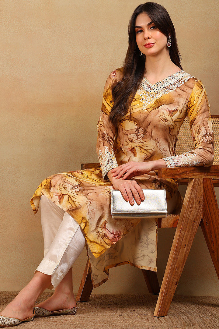 Mustard Yellow Viscose Rayon Tie and Dye Printed Straight Kurta | shobitam
