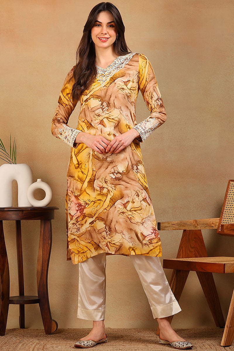 Mustard Yellow Viscose Rayon Tie and Dye Printed Straight Kurta | shobitam