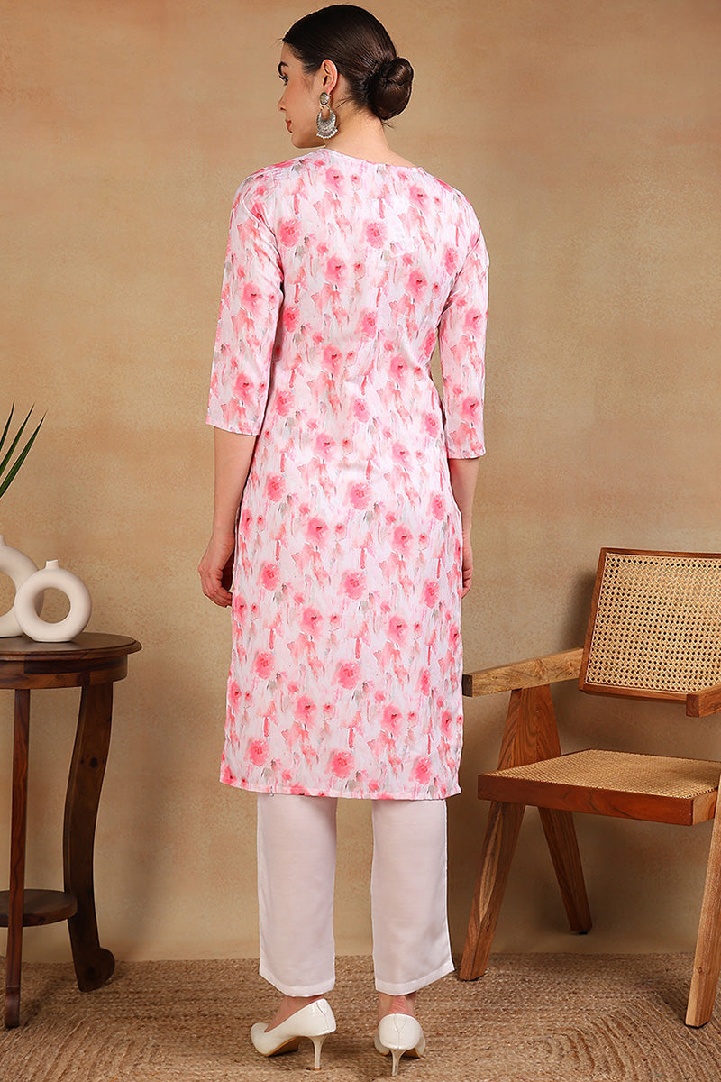 White Cotton Blend Embroidered Ethnic Printed Straight Kurta | SHOBITAM