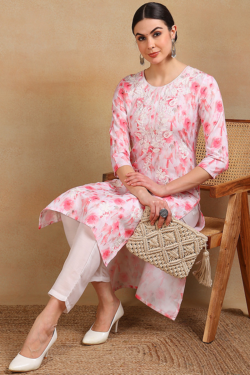 White Cotton Blend Embroidered Ethnic Printed Straight Kurta | SHOBITAM