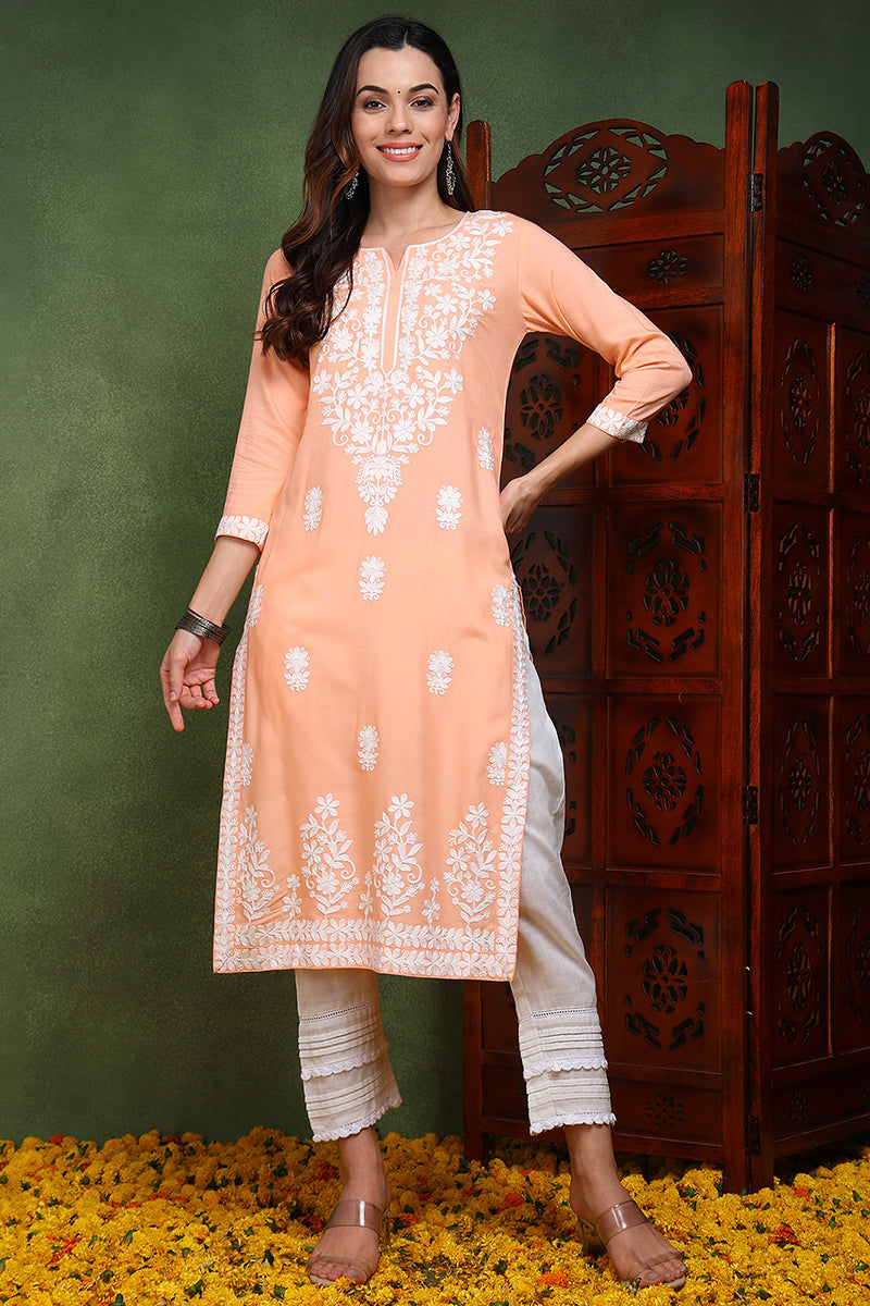 Peach Viscose Rayon Solid Embroidered Chikankari Straight Kurta | SHOBITAM