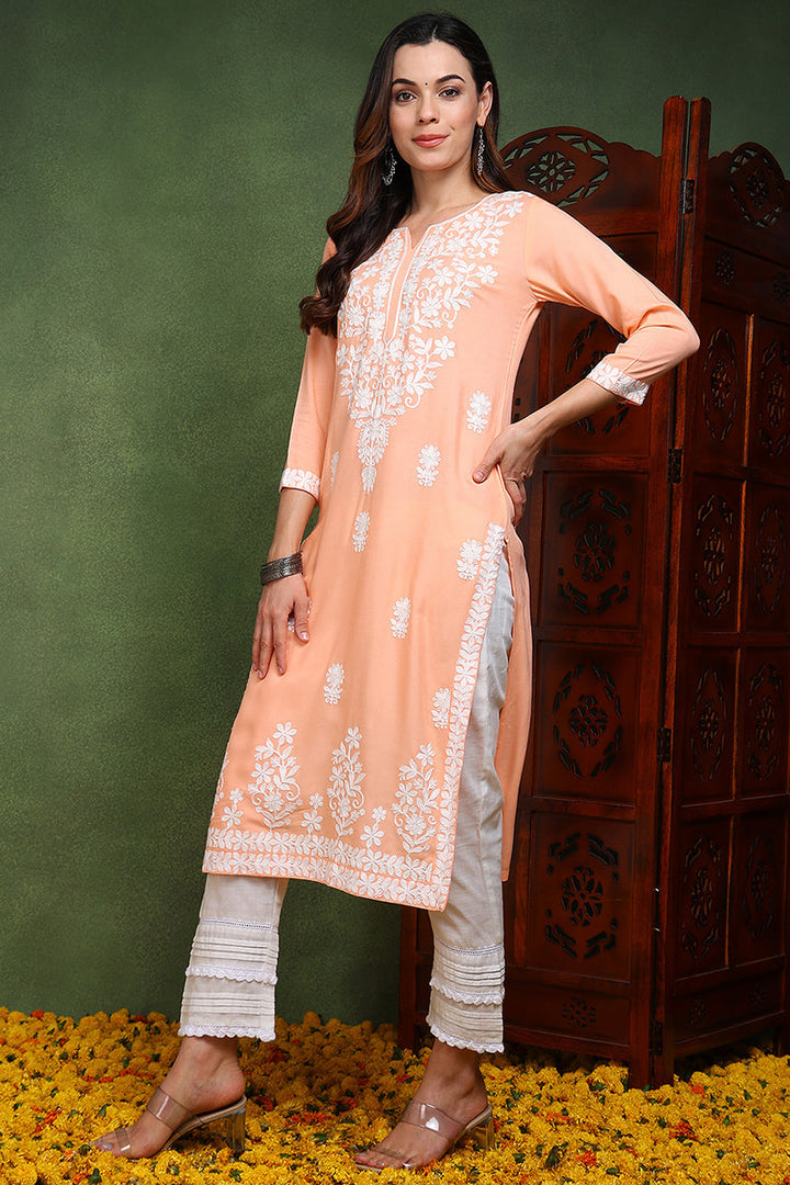 Peach Viscose Rayon Solid Embroidered Chikankari Straight Kurta | SHOBITAM