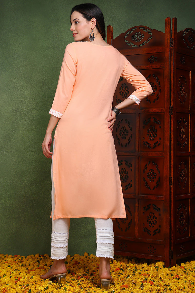 Peach Viscose Rayon Solid Embroidered Chikankari Straight Kurta | SHOBITAM