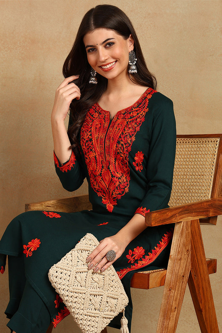Green Embroidered Viscose Rayon Straight Cut Kurta | SHOBITAM