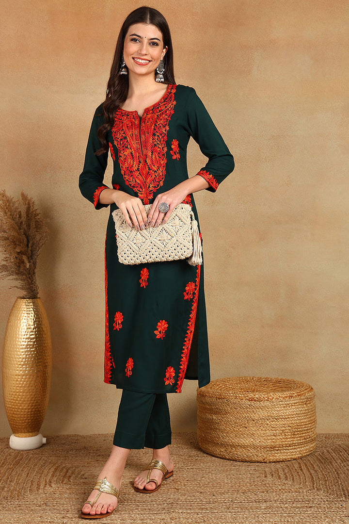 Green Embroidered Viscose Rayon Straight Cut Kurta | SHOBITAM