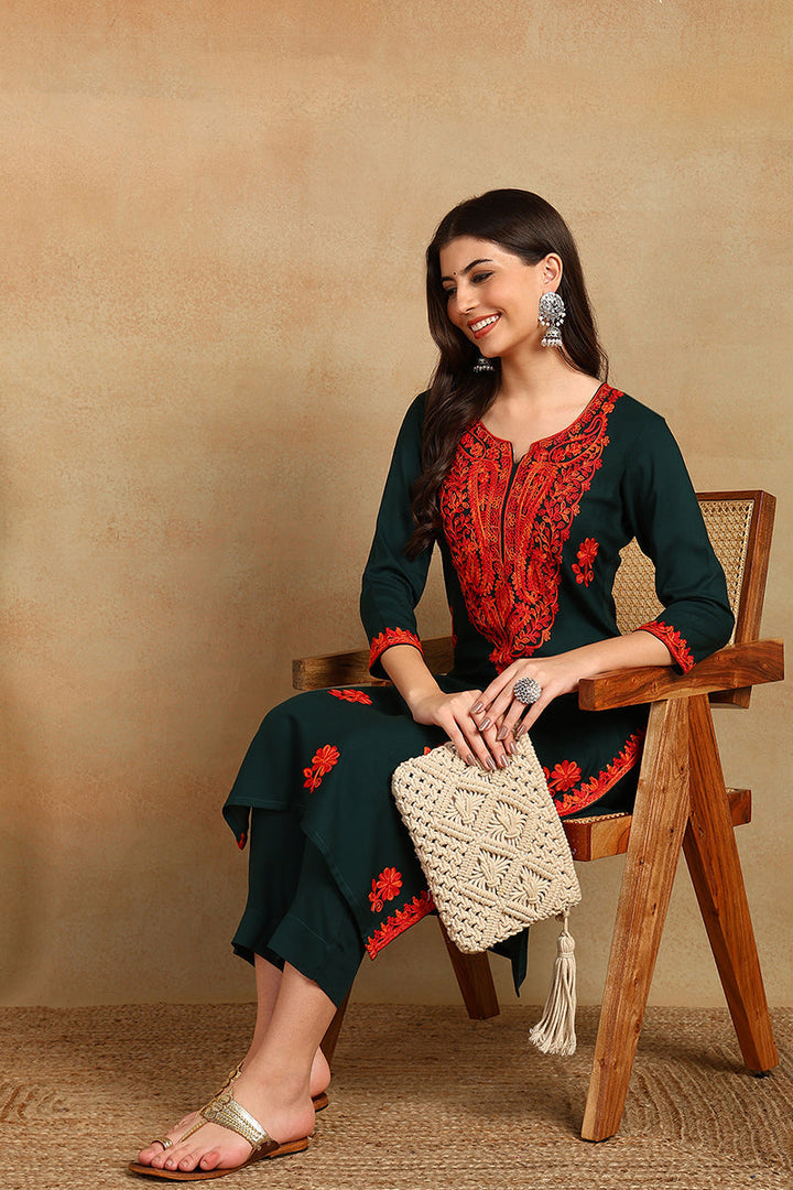 Green Embroidered Viscose Rayon Straight Cut Kurta | SHOBITAM