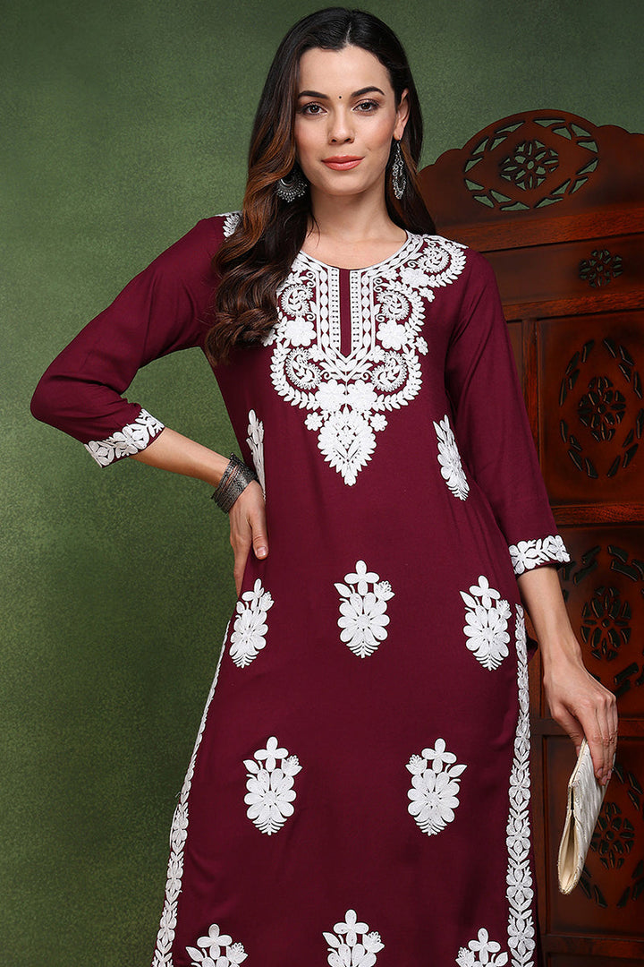 Burgundy Viscose Rayon Solid Embroidered Chikankari Straight Kurta | SHOBITAM