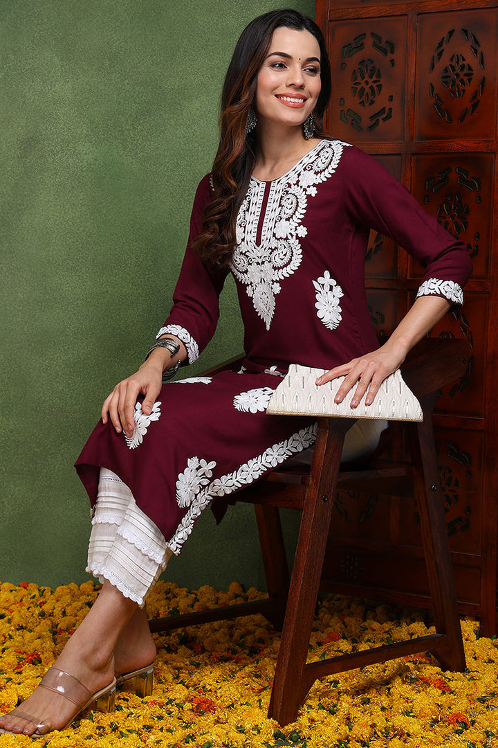 Burgundy Viscose Rayon Solid Embroidered Chikankari Straight Kurta | SHOBITAM