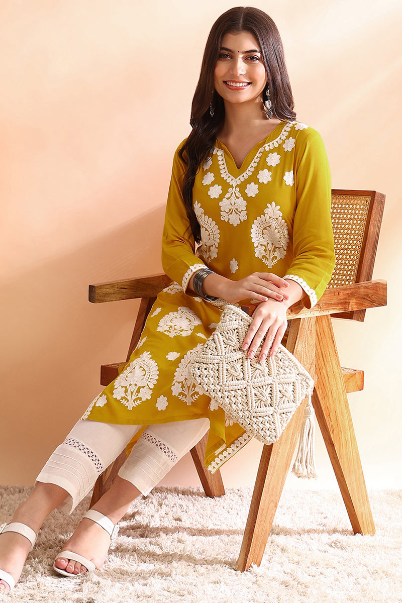 Mustard Yellow Viscose Rayon Solid Embroidered Straight Kurta |SHOBITAM