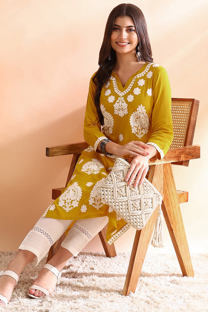 Mustard Yellow Viscose Rayon Solid Embroidered Straight Kurta |SHOBITAM