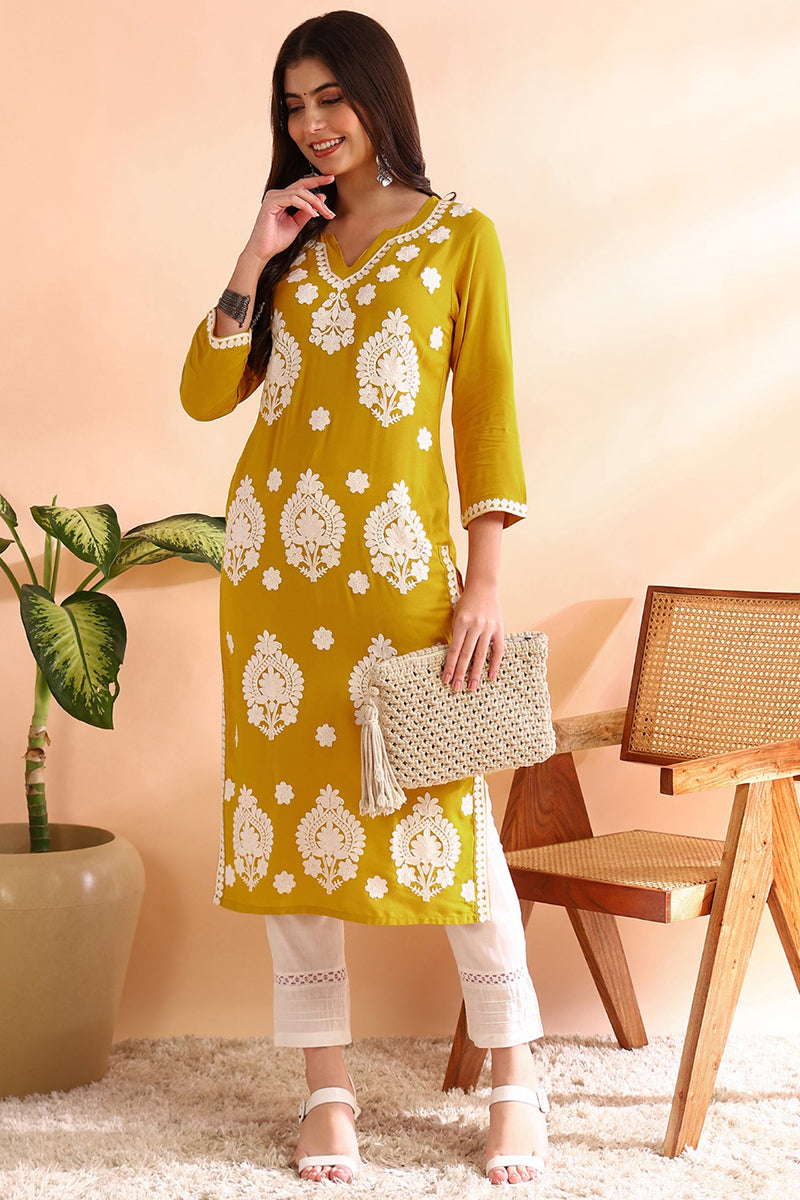 Mustard Yellow Viscose Rayon Solid Embroidered Straight Kurta |SHOBITAM