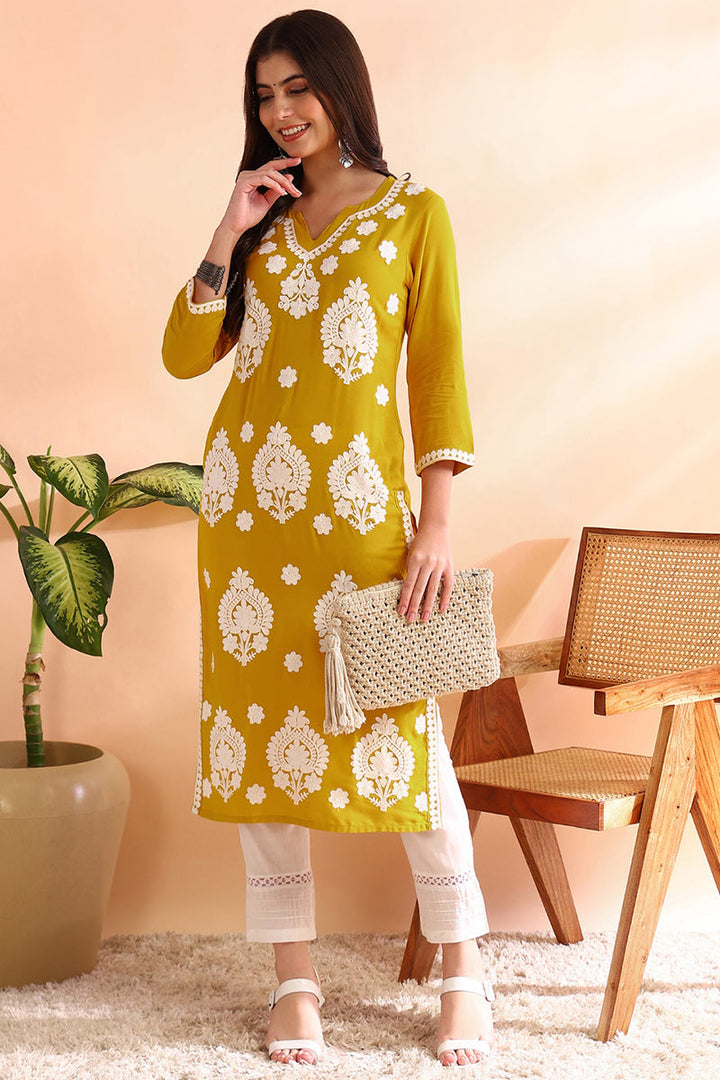 Mustard Yellow Viscose Rayon Solid Embroidered Straight Kurta |SHOBITAM
