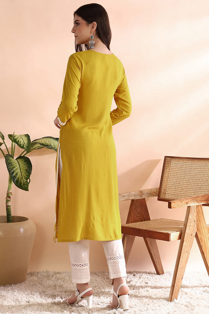 Mustard Yellow Viscose Rayon Solid Embroidered Straight Kurta |SHOBITAM