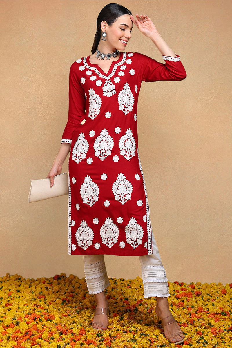 Maroon Viscose Rayon Solid Embroidered Straight Kurta | SHOBITAM