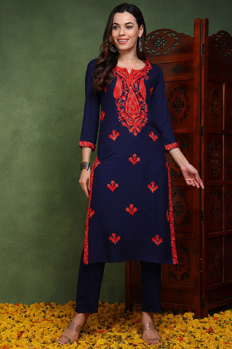 Blue Viscose Rayon Solid Embroidered Chikankari Straight Kurta|SHOBITAM