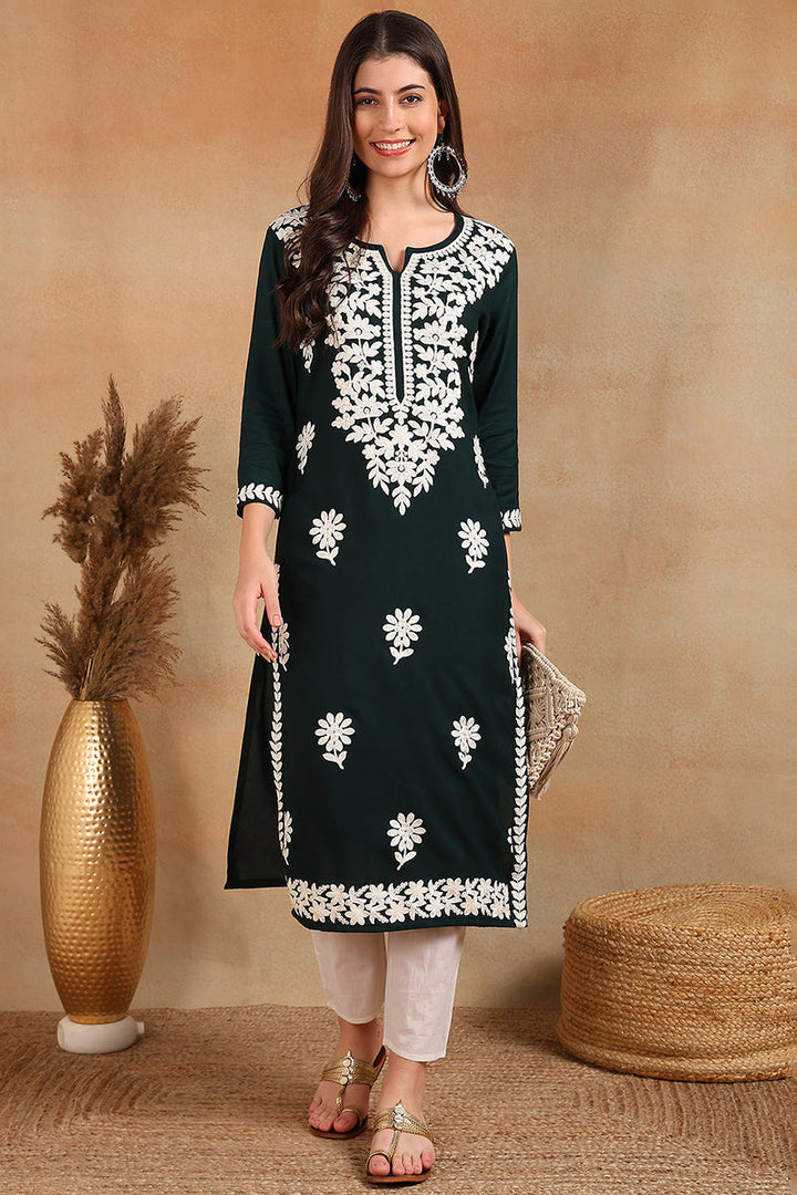 Green Viscose Rayon Solid Embroidered Chikankari Straight Kurta | SHOBITAM
