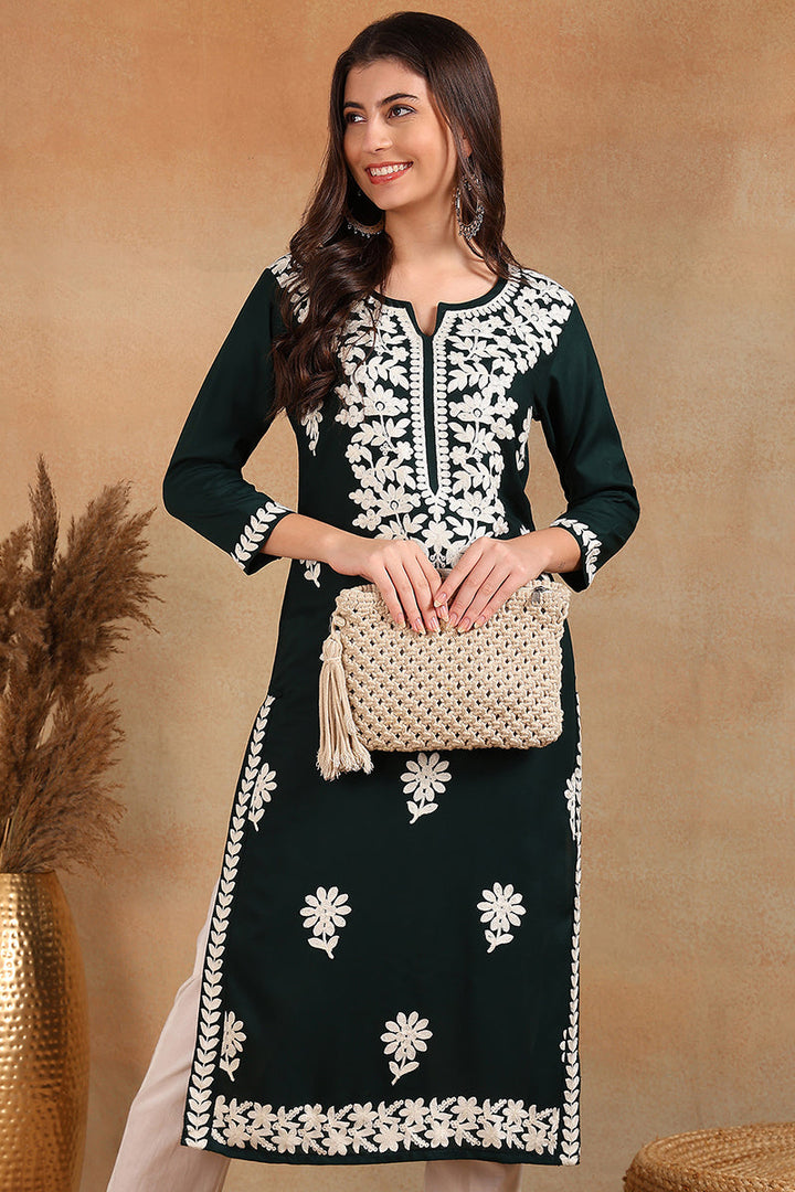 Green Viscose Rayon Solid Embroidered Chikankari Straight Kurta | SHOBITAM