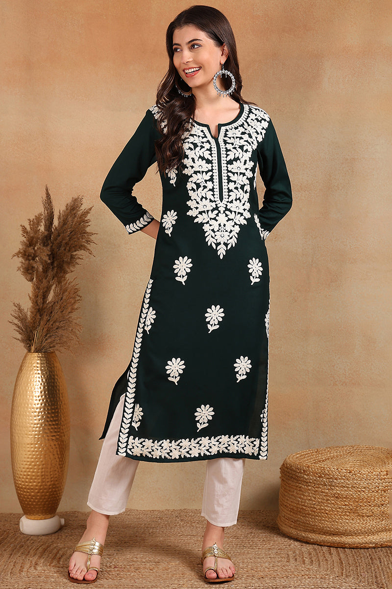 Green Viscose Rayon Solid Embroidered Chikankari Straight Kurta | SHOBITAM