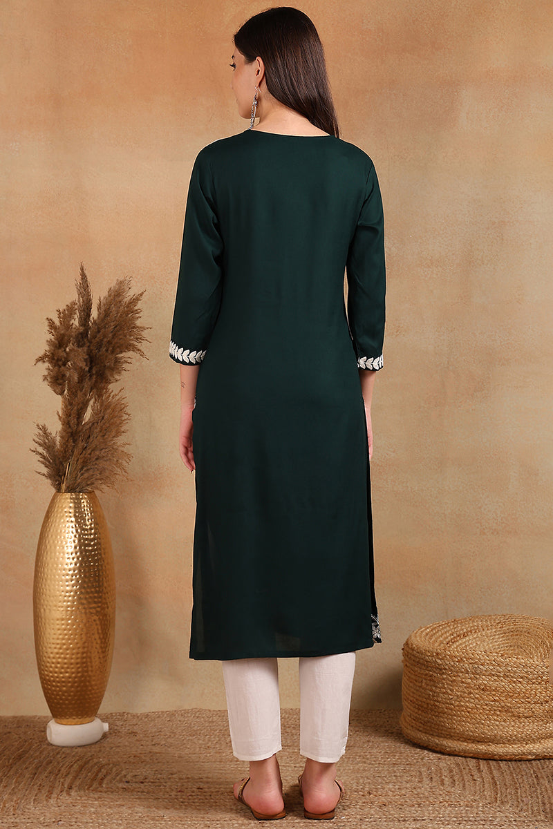 Green Viscose Rayon Solid Embroidered Chikankari Straight Kurta | SHOBITAM