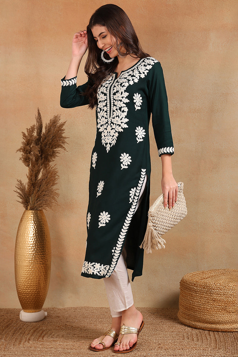 Green Viscose Rayon Solid Embroidered Chikankari Straight Kurta | SHOBITAM