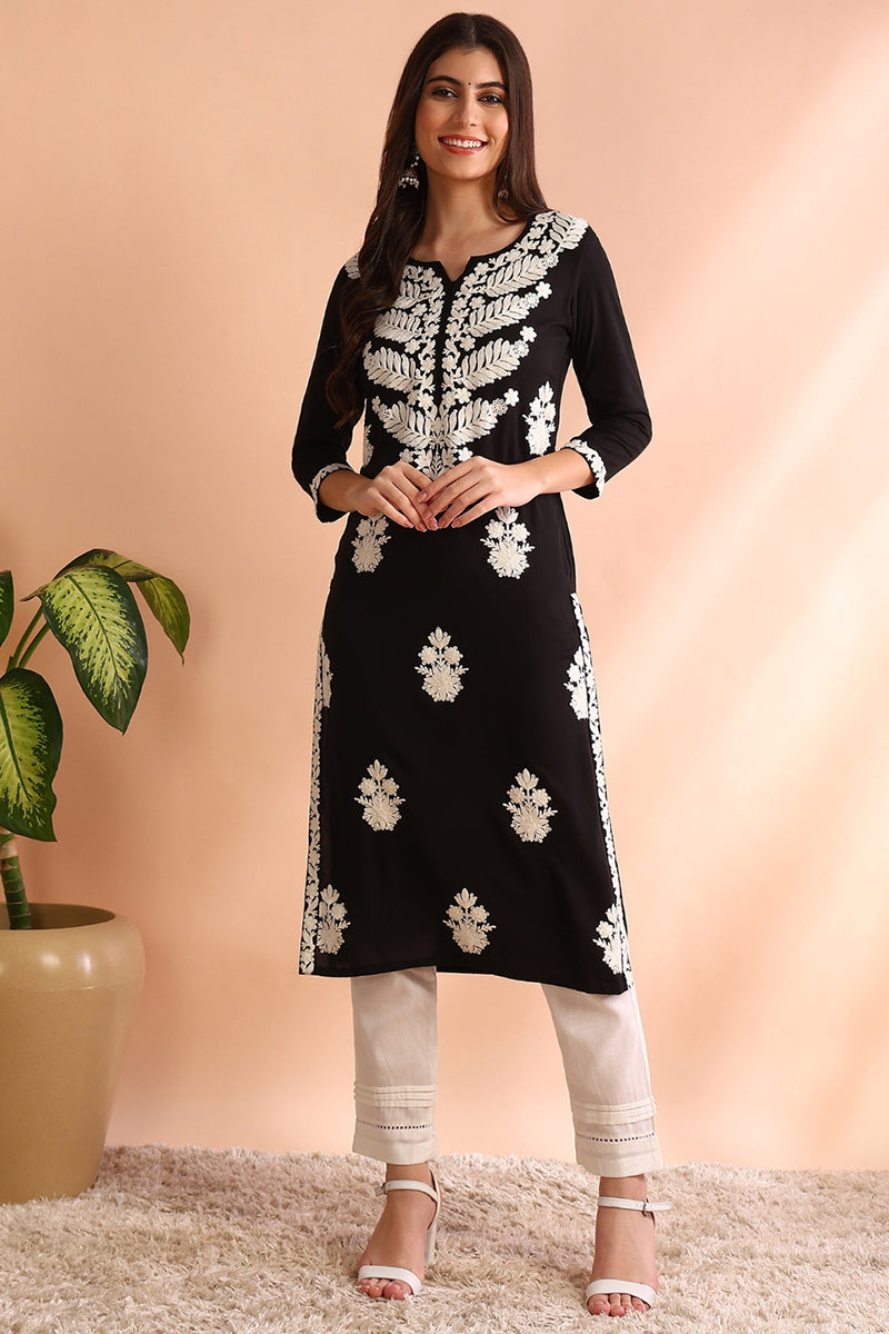 Black Viscose Rayon Solid Embroidered Straight Kurta | SHOBITAM