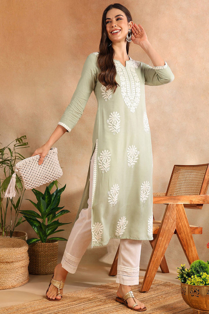 Green Viscose Rayon Solid Embroidered Chikankari Straight Kurta | SHOBITAM