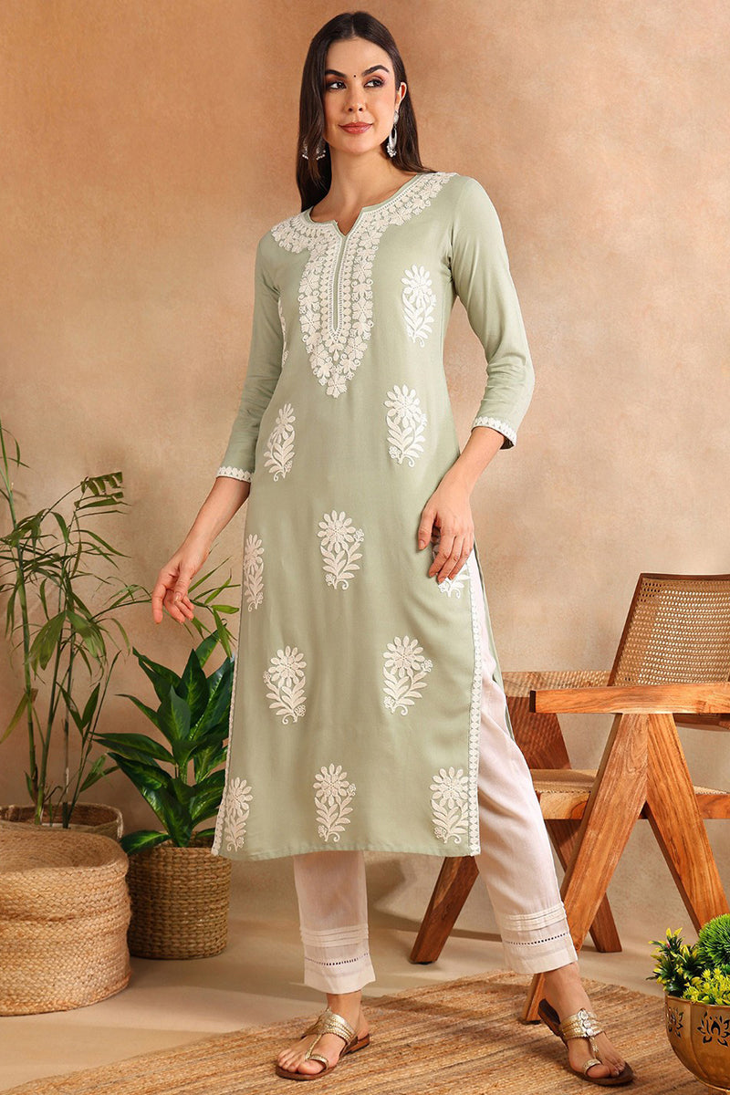 Green Viscose Rayon Solid Embroidered Chikankari Straight Kurta | SHOBITAM