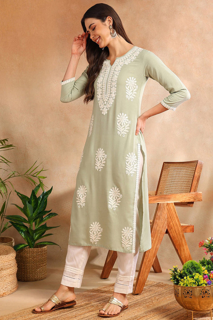 Green Viscose Rayon Solid Embroidered Chikankari Straight Kurta | SHOBITAM