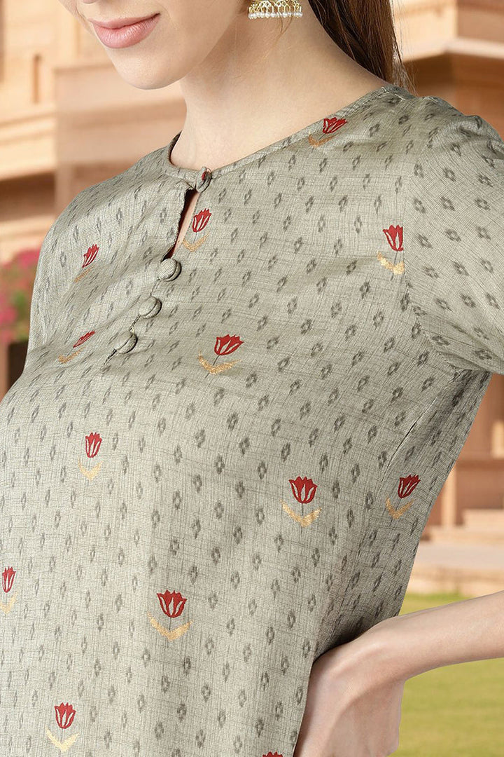Olive Viscose Rayon Solid Printed Straight Kurta | SHOBITAM