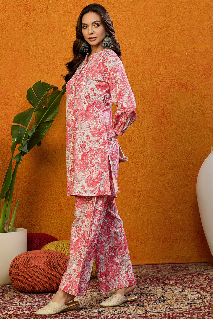 Pink Rayon Blend Paisley Printed Straight Co-ords Sets |SHOBITAM