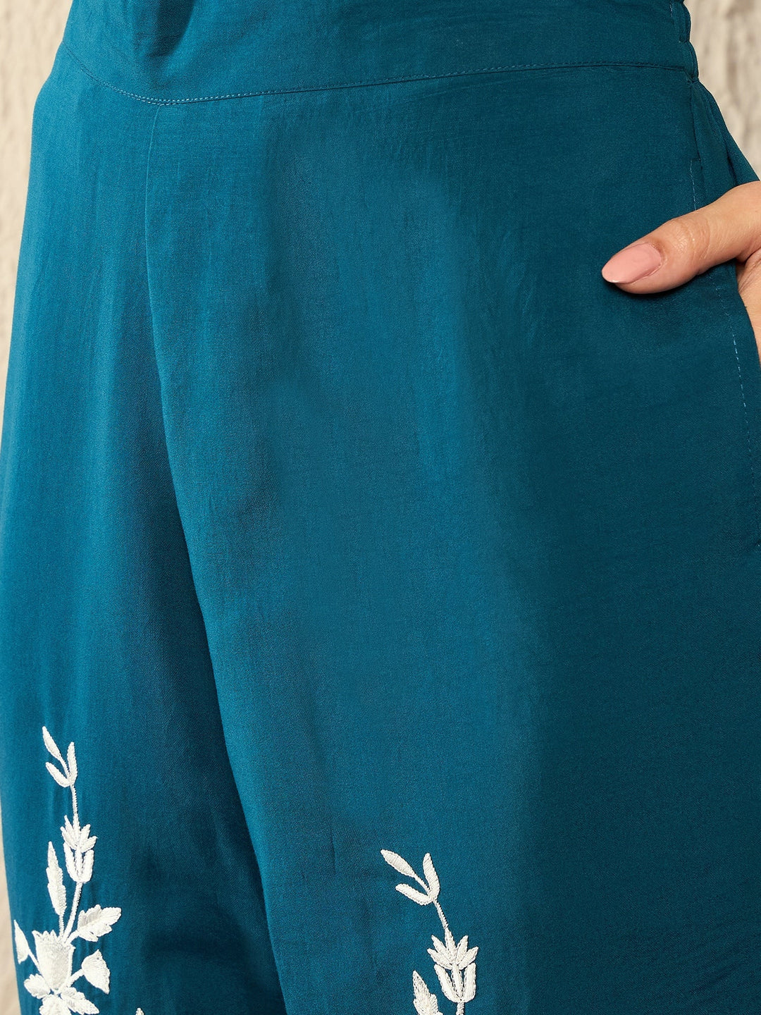 Blue Silk Blend Solid Embroidered High Low Co-Ord Set | SHOBITAM