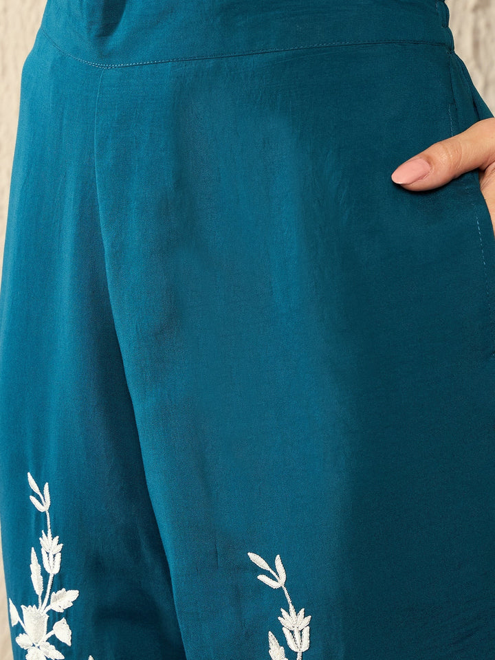 Blue Silk Blend Solid Embroidered High Low Co-Ord Set | SHOBITAM