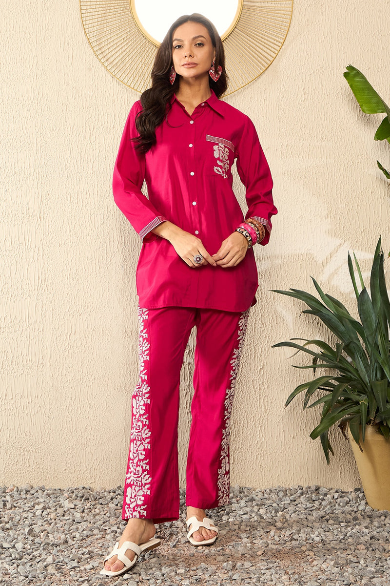 Pink Silk Blend Solid Embroidered Regular Coord Sets | SHOBITAM