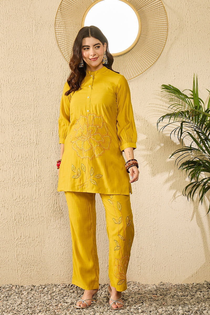 Mustard Silk Blend Solid Embroidered Regular Coord Sets  | SHOBITAM