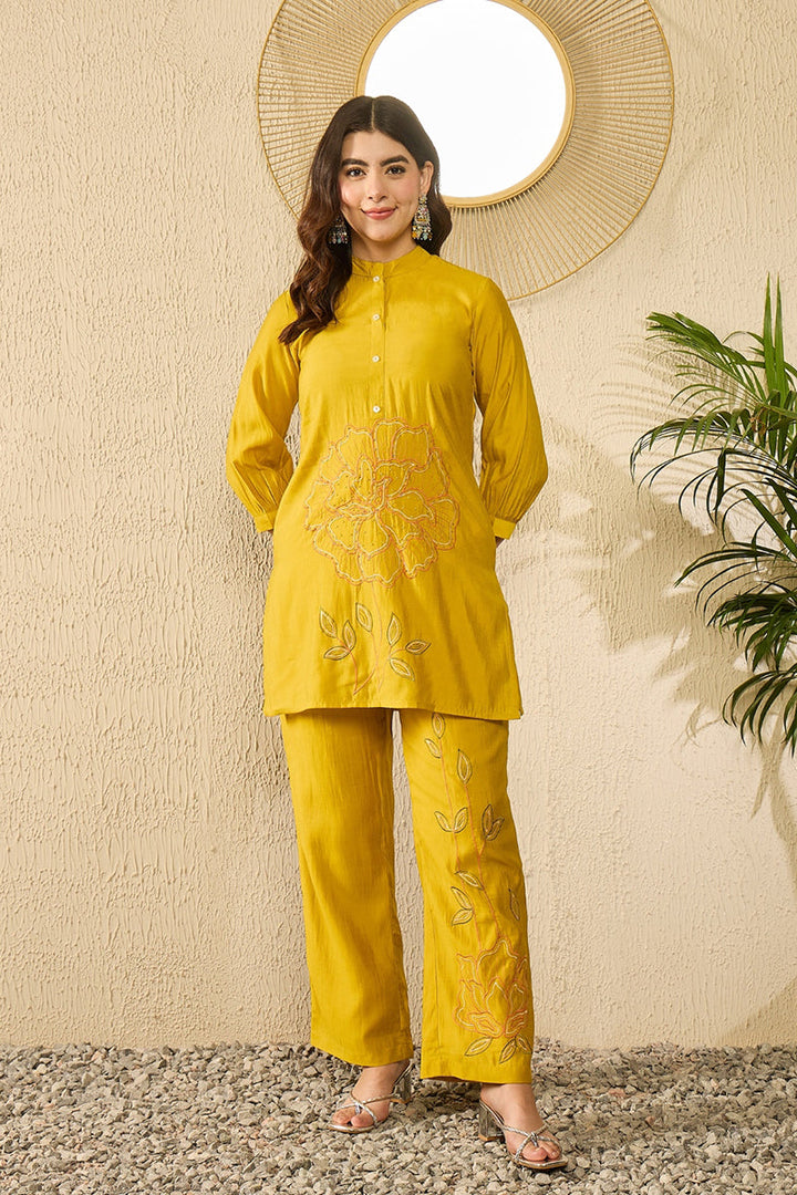 Mustard Silk Blend Solid Embroidered Regular Coord Sets  | SHOBITAM
