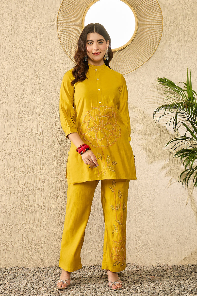 Mustard Silk Blend Solid Embroidered Regular Coord Sets  | SHOBITAM
