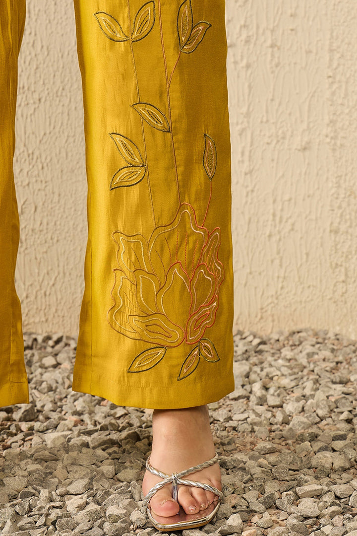 Mustard Silk Blend Solid Embroidered Regular Coord Sets  | SHOBITAM
