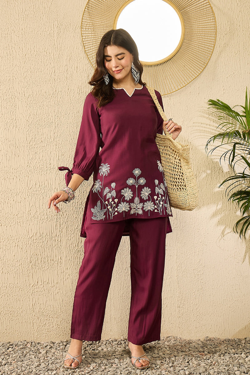 Purple Silk Blend Solid Embroidered Coord Sets  | SHOBITAM