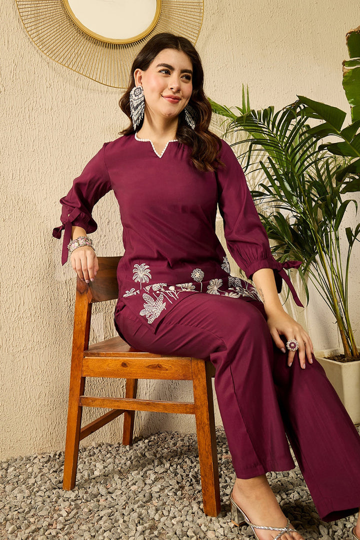 Purple Silk Blend Solid Embroidered Coord Sets  | SHOBITAM
