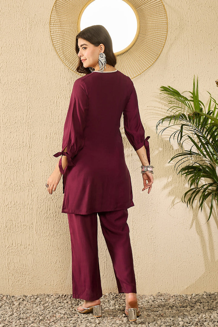 Purple Silk Blend Solid Embroidered Coord Sets  | SHOBITAM