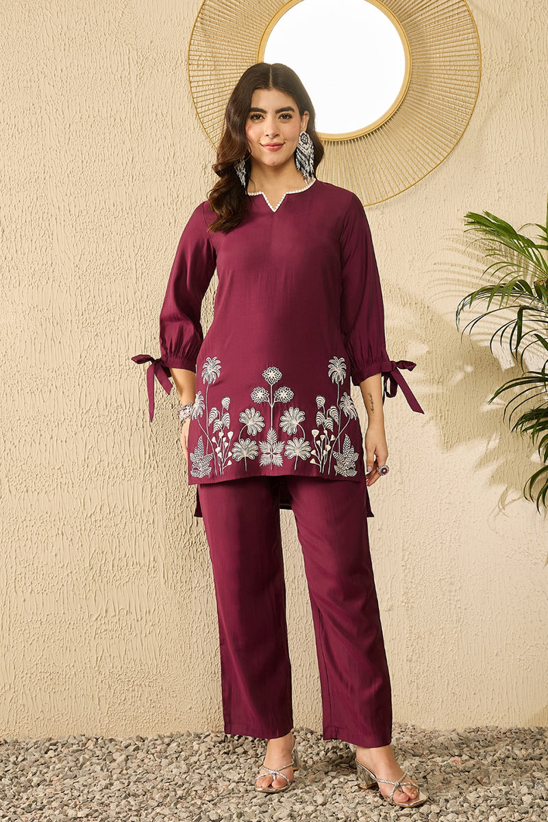 Purple Silk Blend Solid Embroidered Coord Sets  | SHOBITAM