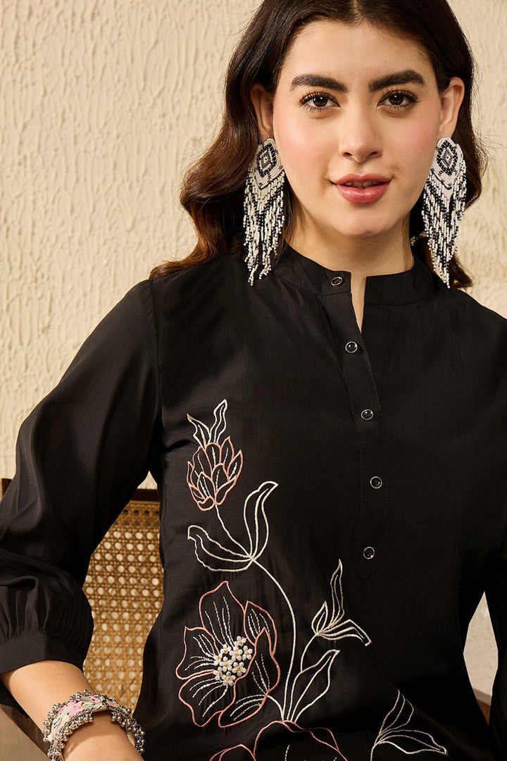 Black Silk Blend Solid Embroidered Coord Sets  | SHOBITAM