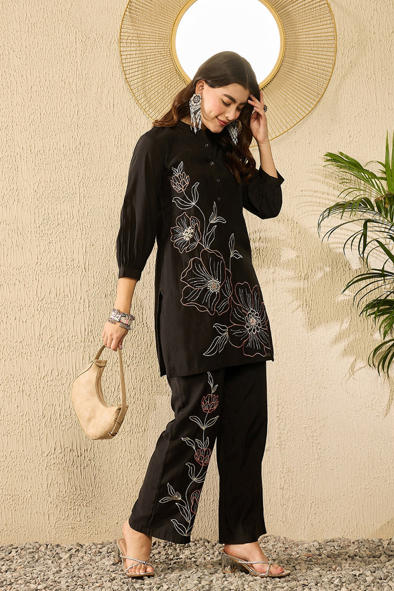 Black Silk Blend Solid Embroidered Coord Sets  | SHOBITAM