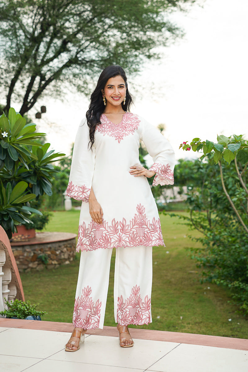 White Silk Blend Solid Embroidered Coord Sets    | SHOBITAM