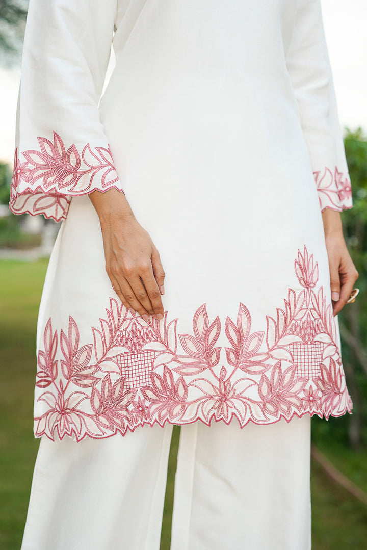 White Silk Blend Solid Embroidered Coord Sets    | SHOBITAM