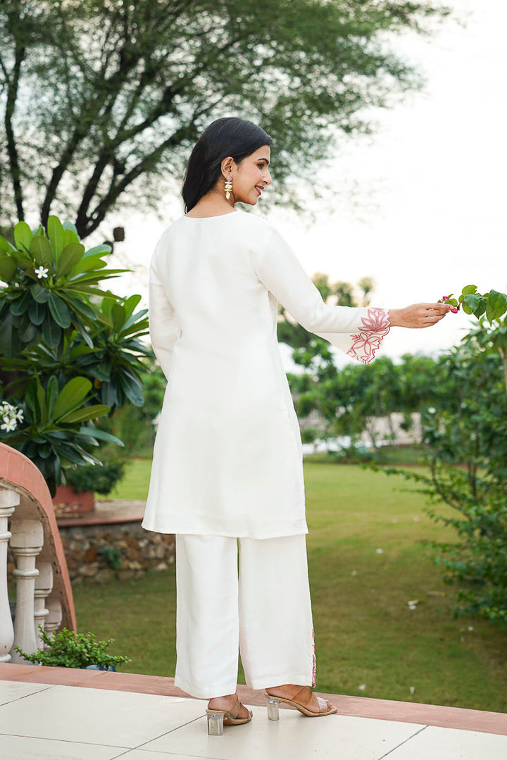 White Silk Blend Solid Embroidered Coord Sets    | SHOBITAM